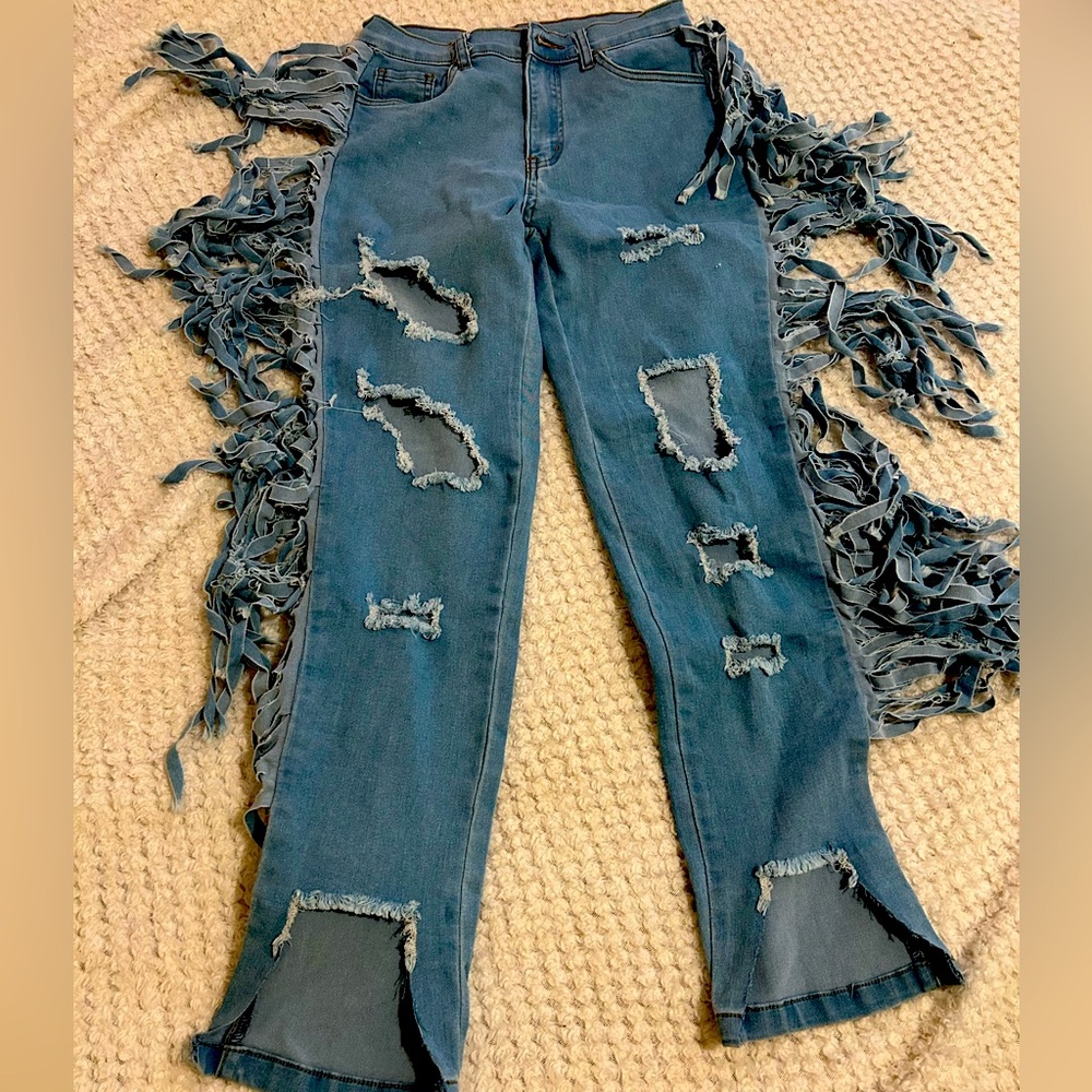 Super stretchy jeans fringe sides